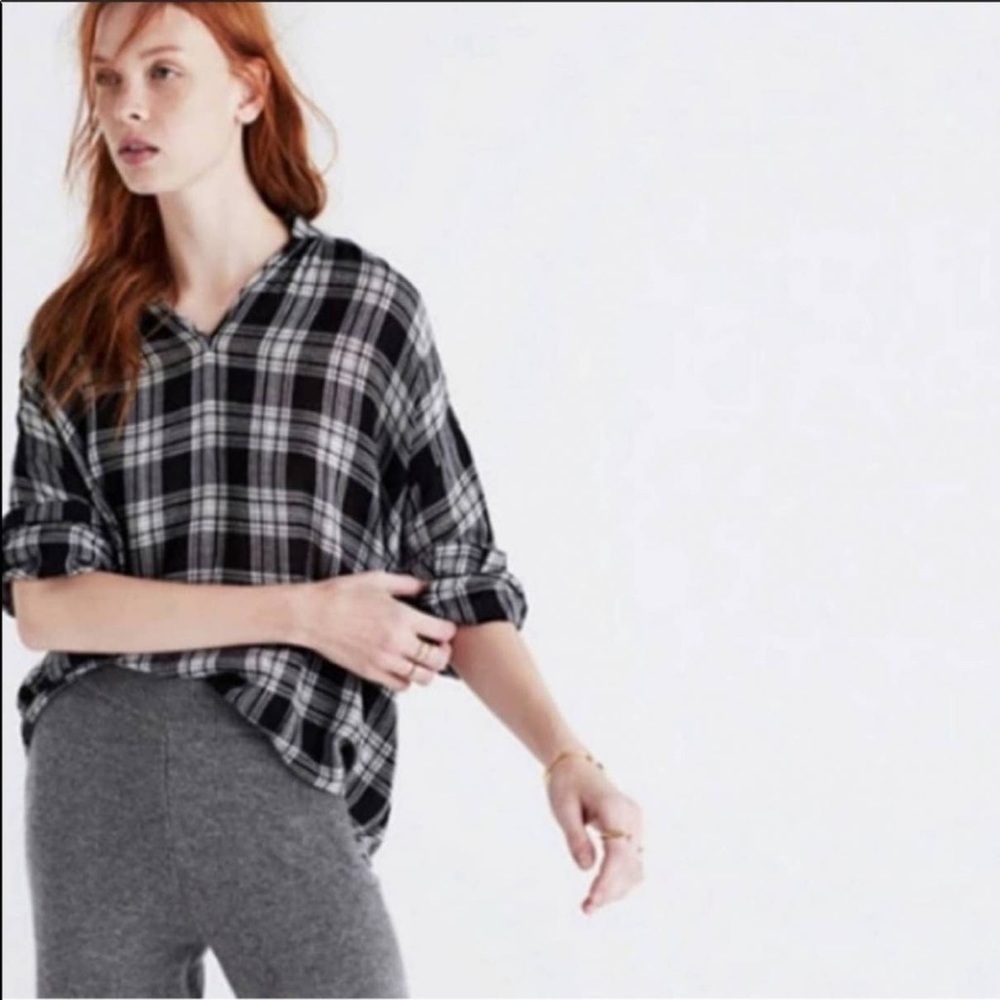 Madewell | Wool Blend Long Sleeve Plaid Top Black White Women’s Size Small